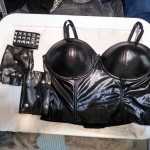 motorcycle babe faux leather bustier, fingerless gloves cosplay set